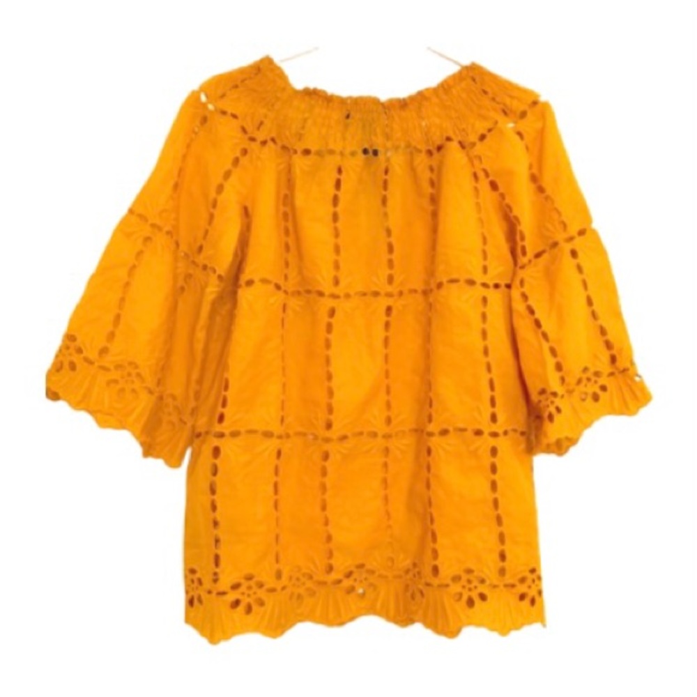 International Concepts Mustard Long Sleeve Eyelet Cutout Blouse - Size 6P - Picture 3 of 6